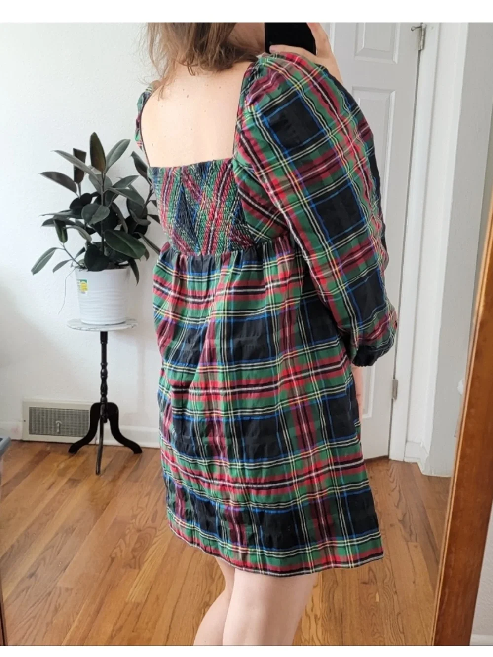 J. Crew Puff-sleeve mini dress in Stewart tartan holiday Christmas